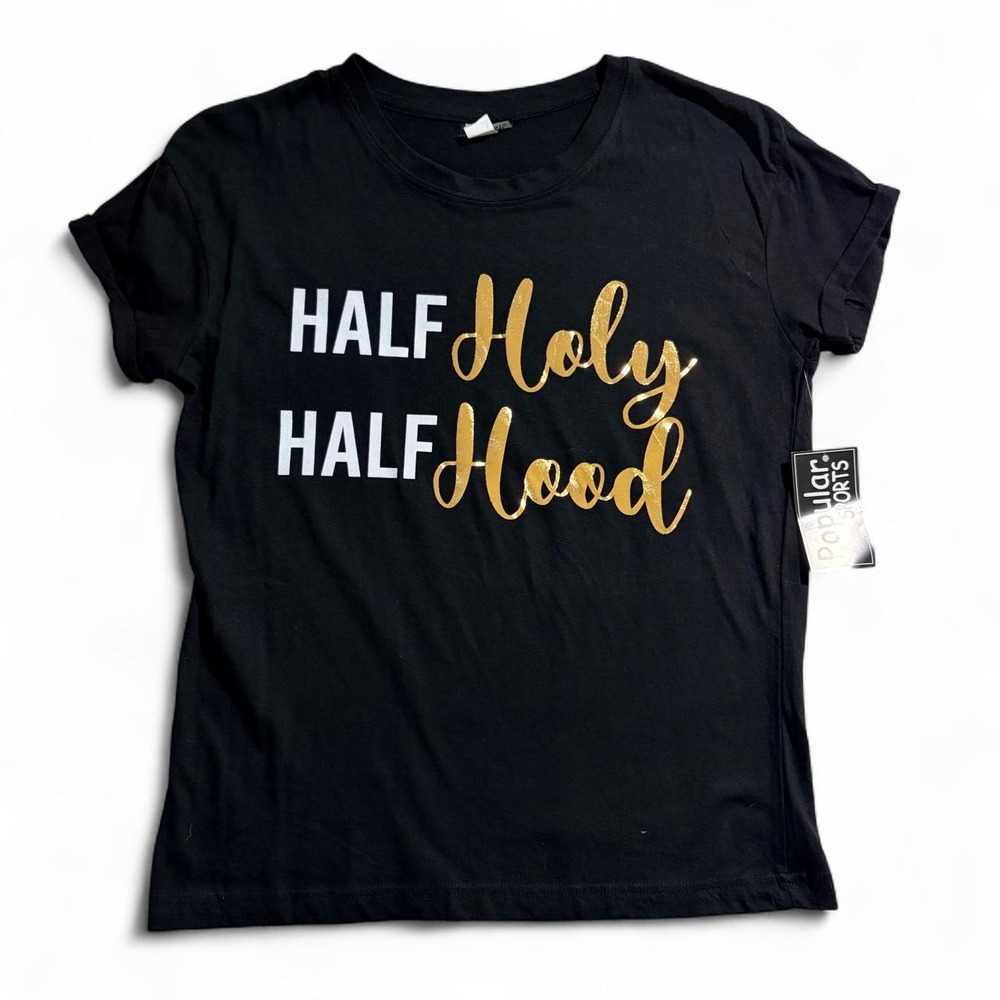 Popular Sports Half Holy Half Hood Black Graphic Baby Tee Shirt Medium NWT